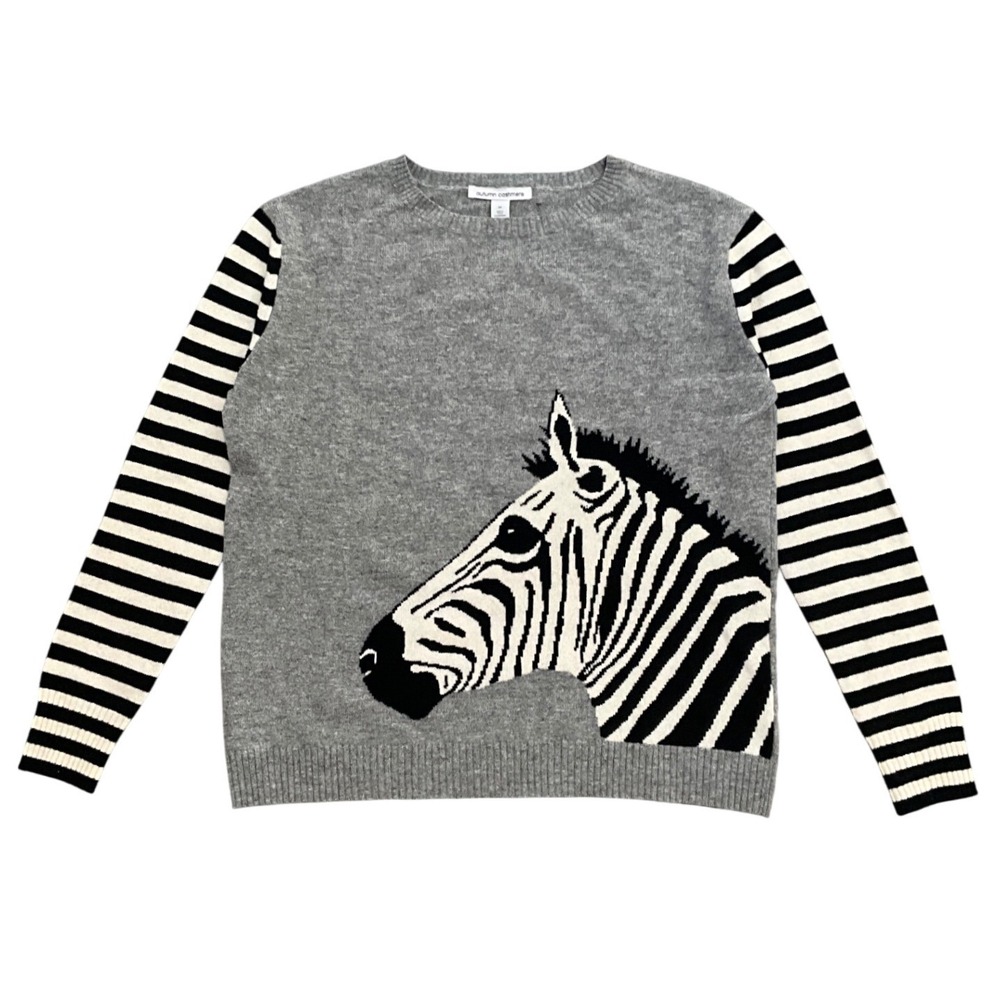 Autumn Cashmere Zebra Intarsia 100% Cashmere Gray Striped Sweater Women's Size M